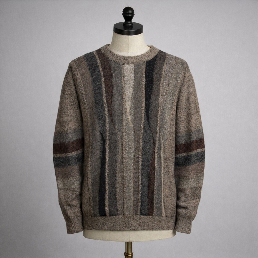 Norm Thompson Mens XL 3D Textured Knit Sweater Made in Italy Brown Grey Abstract